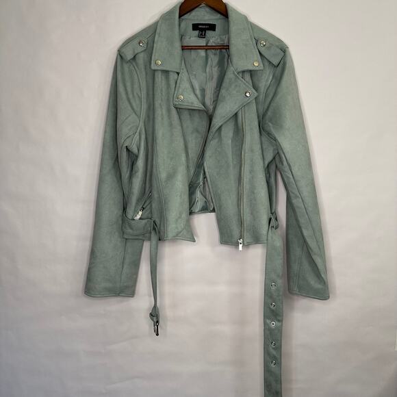 NWOT Forever 21+ Size 2X Mint Blue-Green Faux Suede Motor Jacket - Picture 7 of 14